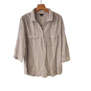 Cacharel Paris Shirt Button Up 3/4 Sleeve White Striped Metallic Womens XL EUC